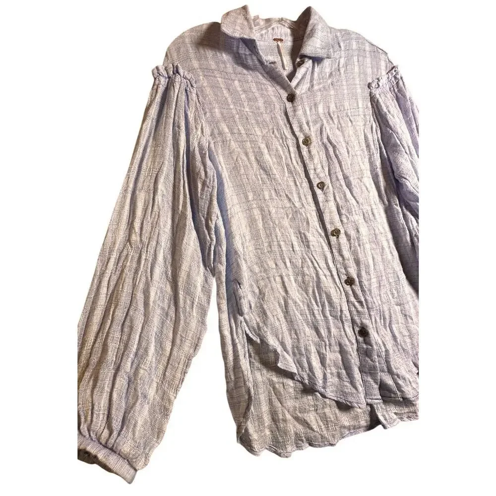 Free People Headed‎ To The Highlands Blue White Gauzy Shirt Womens Size XS Boho